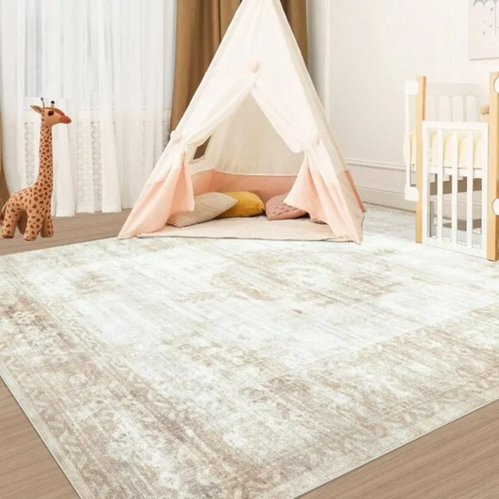 New 6x9 Beige Vintage Area Rug, Washable Boho Moroccan Non-Slip Carpet for Home